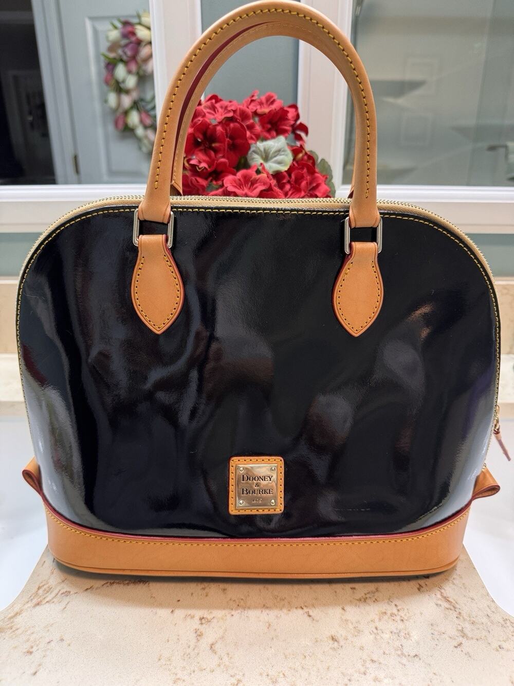 Dooney & Bourke Satchel Women Black Tan Patent Leather CrossbodyDome Bag